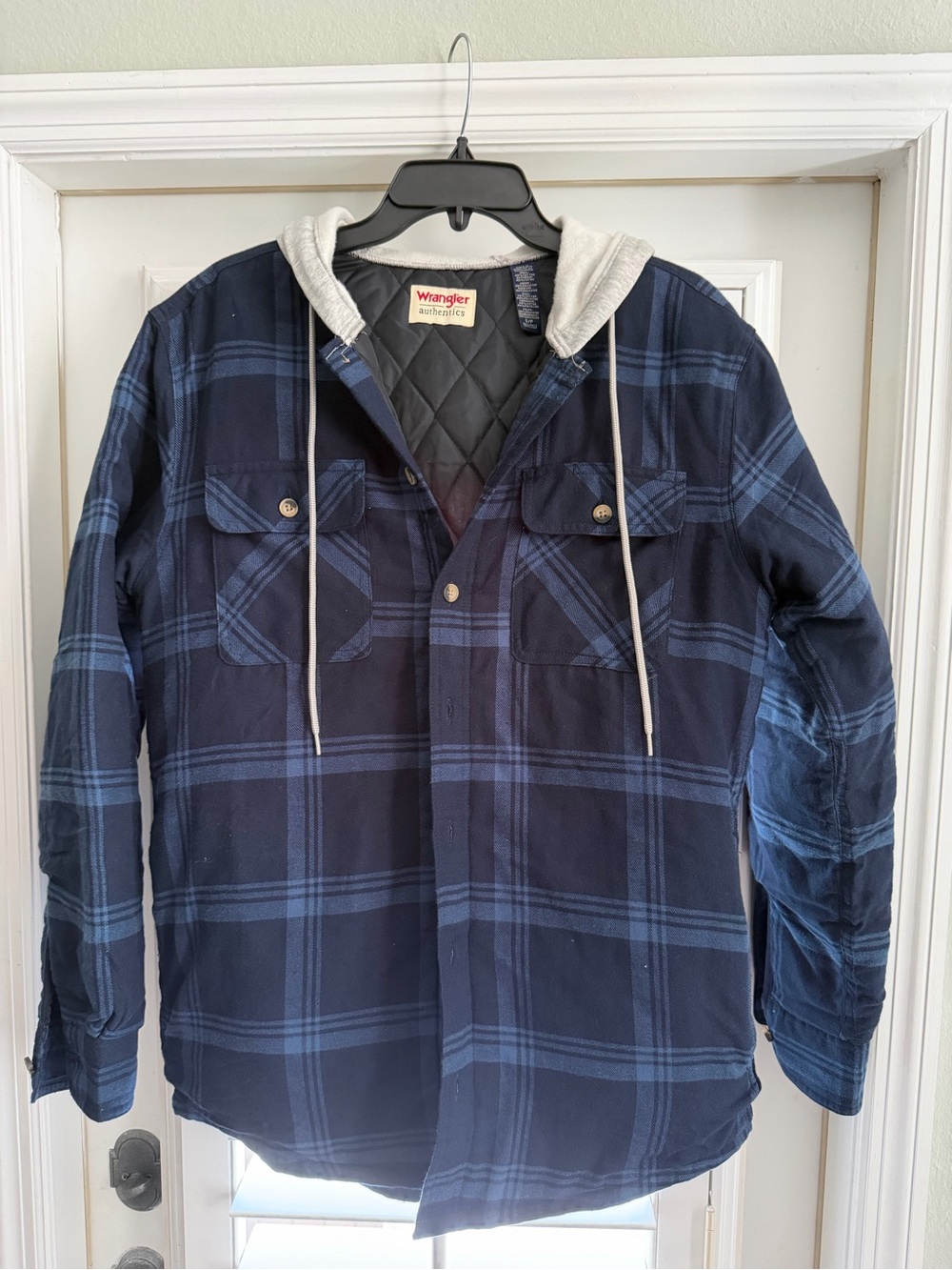 Wrangler Navy & Light Blue Plaid Hooded Shirt Jacket